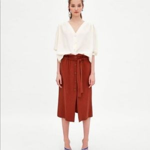 [Zara] Tie Waist Button Front Midi Skirt